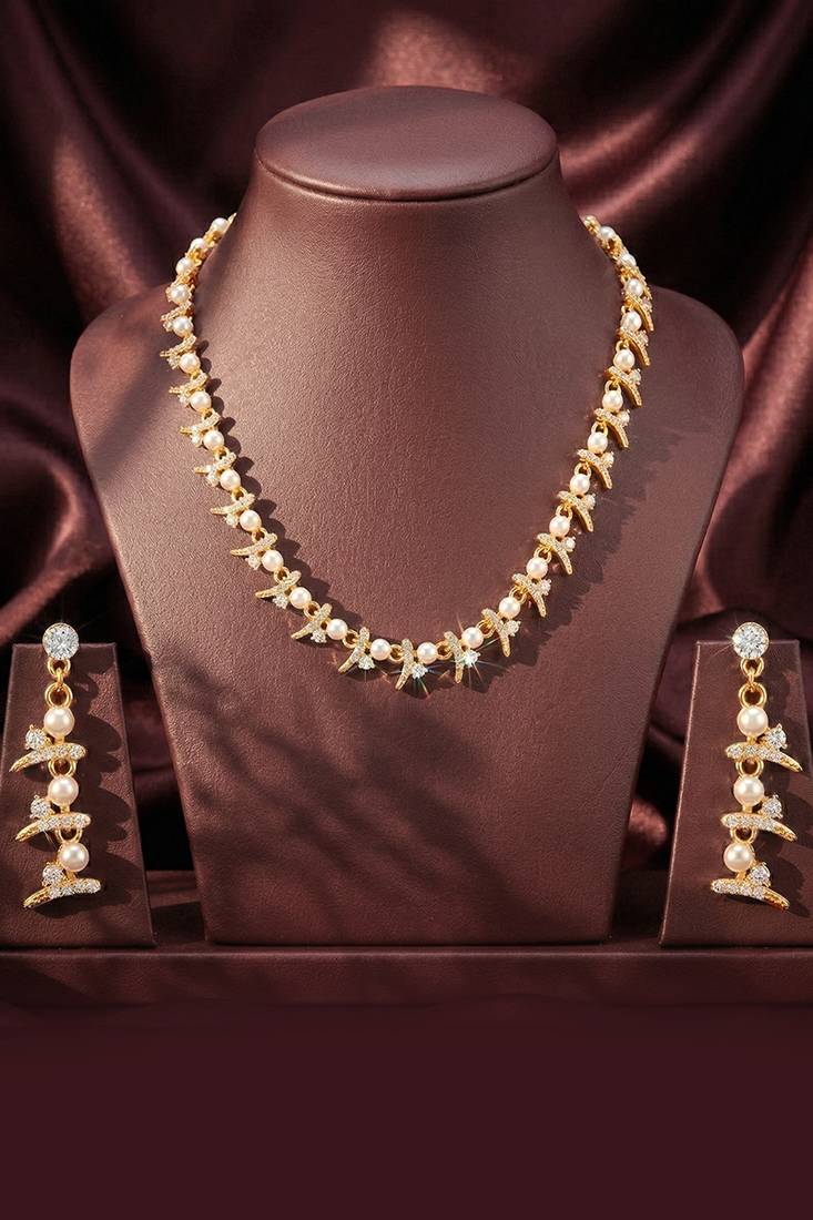 Fancy white necklace earrings set for women & girls | gold plated | crystals & pearl studded