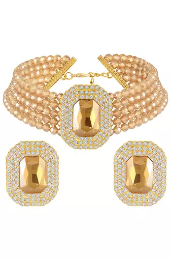 Champagne ethnic choker necklace earrings set for women & girls | gold plated | cubic zirconia crystals & beads studded