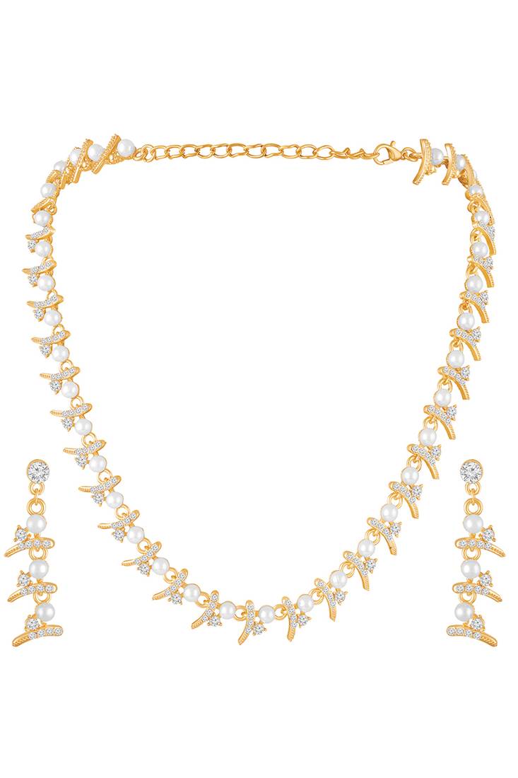 Fancy white necklace earrings set for women & girls | gold plated | crystals & pearl studded