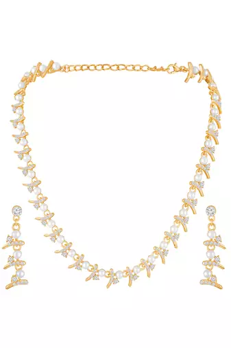 Fancy white necklace earrings set for women & girls | gold plated | crystals & pearl studded