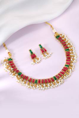 Gold plated faux ruby faux emerald & lariya studded necklace earrings set jewellery for women 1
