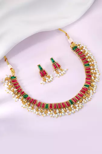 Gold plated faux ruby faux emerald & lariya studded necklace earrings set jewellery for women