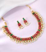 Gold plated faux ruby faux emerald & lariya studded necklace earrings set jewellery for women