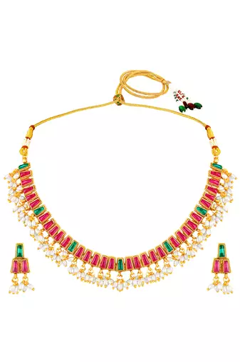 Gold plated faux ruby faux emerald & lariya studded necklace earrings set jewellery for women