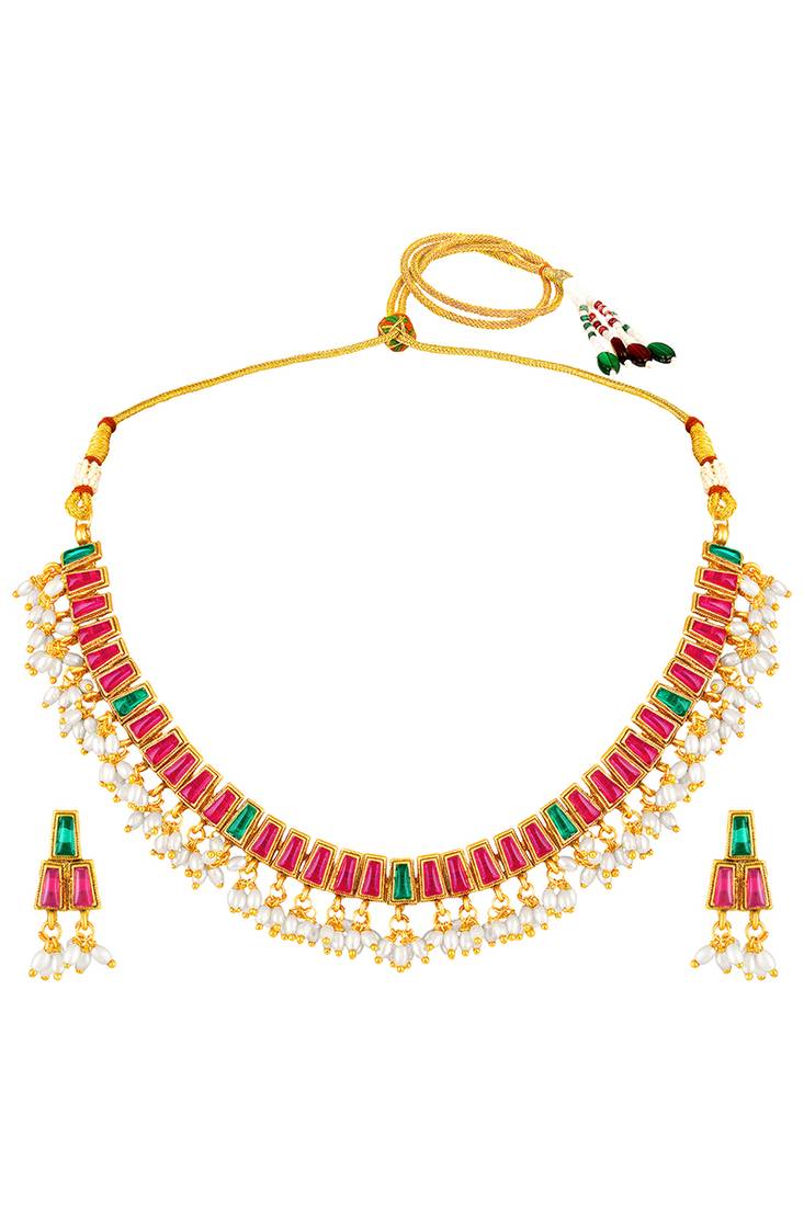 Gold plated faux ruby faux emerald & lariya studded necklace earrings set jewellery for women