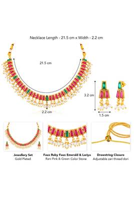 Gold plated faux ruby faux emerald & lariya studded necklace earrings set jewellery for women 3