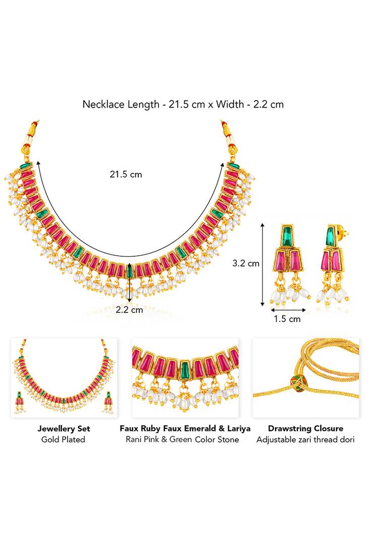 Gold plated faux ruby faux emerald & lariya studded necklace earrings set jewellery for women
