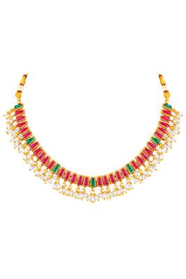 Gold plated faux ruby faux emerald & lariya studded necklace earrings set jewellery for women 5