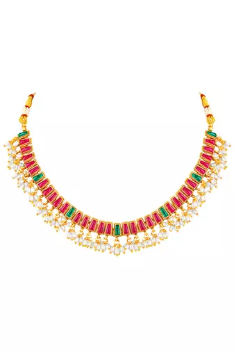 Gold plated faux ruby faux emerald & lariya studded necklace earrings set jewellery for women
