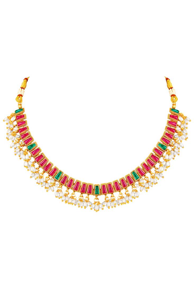 Gold plated faux ruby faux emerald & lariya studded necklace earrings set jewellery for women