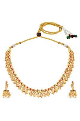 Gold plated faux ruby faux emerald studded filigree design necklace & jhumki earring set 1
