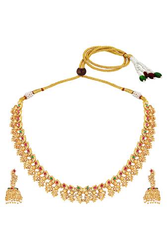 Gold plated faux ruby faux emerald studded filigree design necklace & jhumki earring set