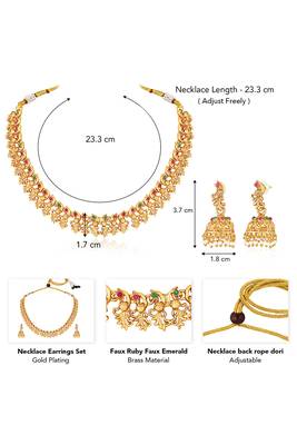 Gold plated faux ruby faux emerald studded filigree design necklace & jhumki earring set 2