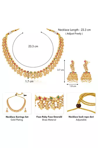 Gold plated faux ruby faux emerald studded filigree design necklace & jhumki earring set