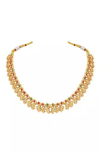 Gold plated faux ruby faux emerald studded filigree design necklace & jhumki earring set