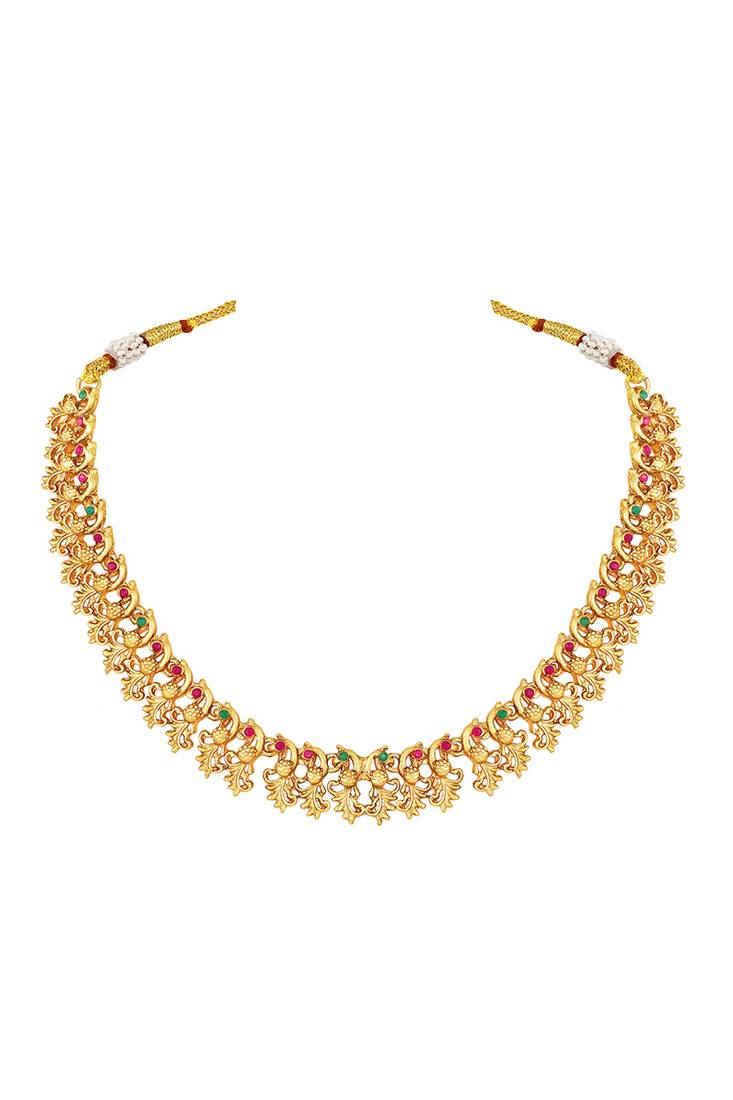 Gold plated faux ruby faux emerald studded filigree design necklace & jhumki earring set