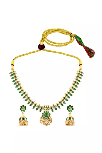 Gold plated green faux emerald studded necklace & jhumki earring traditional jewellery set