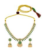 Gold plated green faux emerald studded necklace & jhumki earring traditional jewellery set