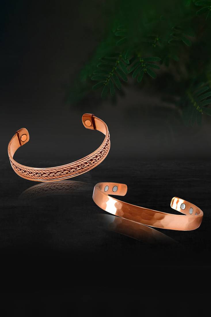 Copper cuff bracelets tibetan style hand forged with solid and high gauge kada set of 2