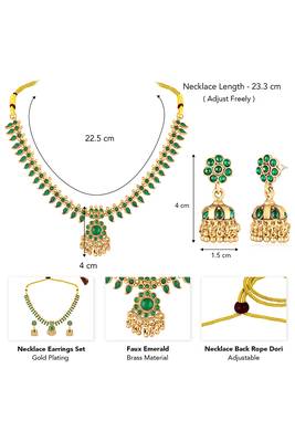 Gold plated green faux emerald studded necklace & jhumki earring traditional jewellery set 2