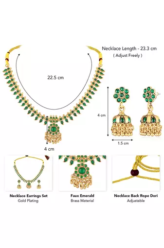 Gold plated green faux emerald studded necklace & jhumki earring traditional jewellery set