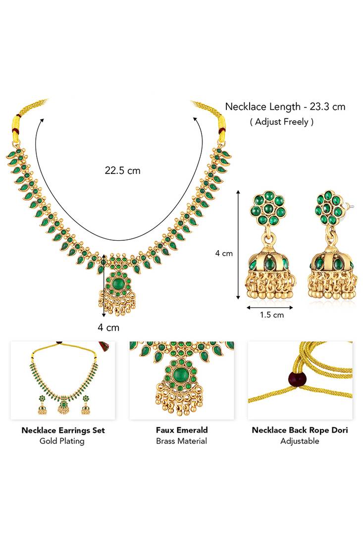 Gold plated green faux emerald studded necklace & jhumki earring traditional jewellery set