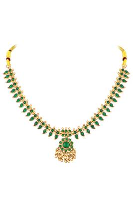 Gold plated green faux emerald studded necklace & jhumki earring traditional jewellery set 4
