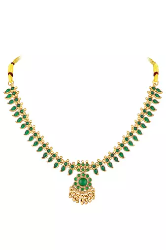Gold plated green faux emerald studded necklace & jhumki earring traditional jewellery set