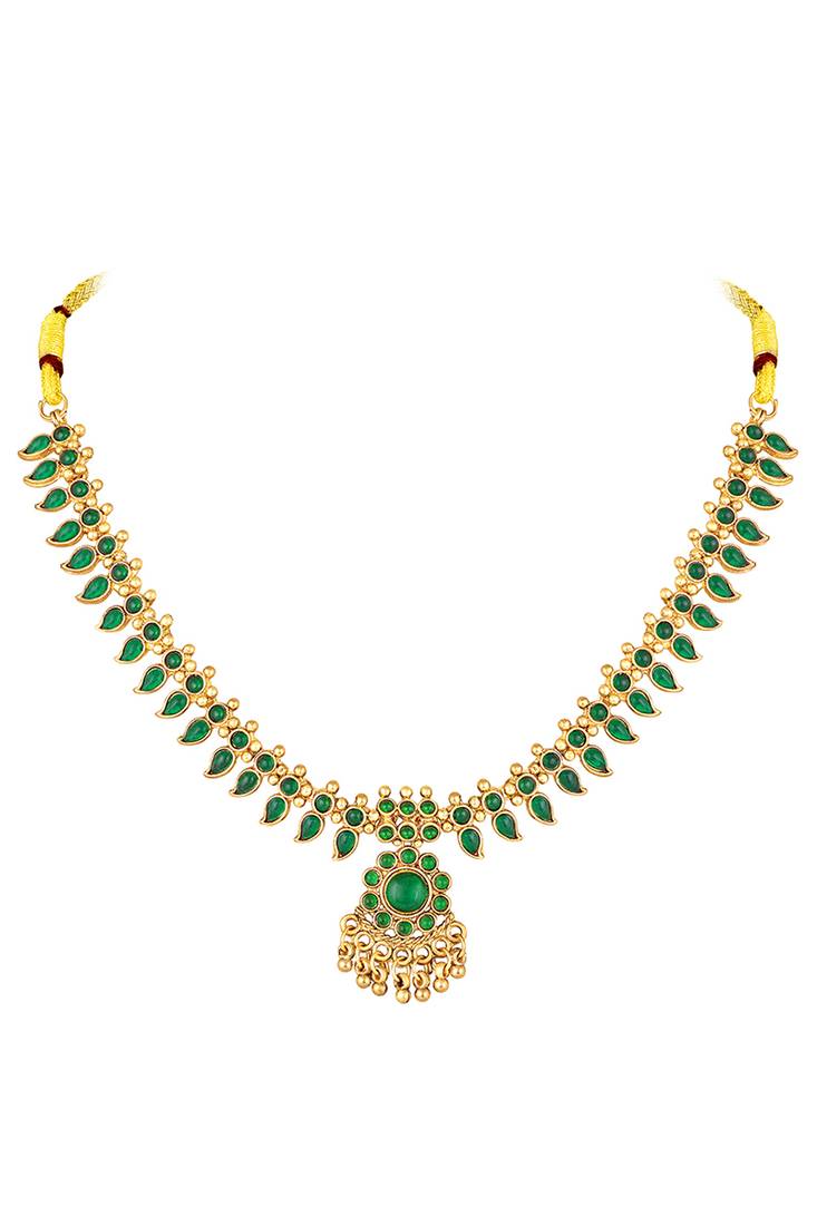 Gold plated green faux emerald studded necklace & jhumki earring traditional jewellery set