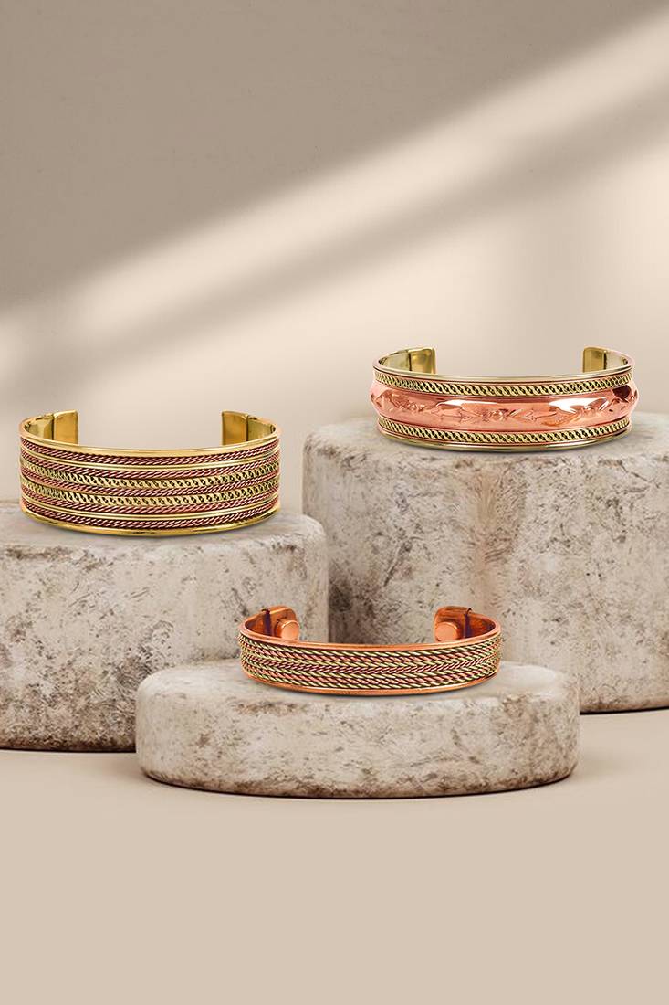 Copper cuff bracelets tibetan style hand forged with solid and high gauge kada set of 3
