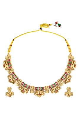 Gold plated faux ruby faux emerald studded goddess laxmi necklace & earrings set 1