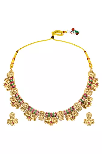 Gold plated faux ruby faux emerald studded goddess laxmi necklace & earrings set