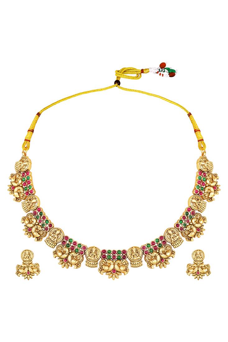 Gold plated faux ruby faux emerald studded goddess laxmi necklace & earrings set