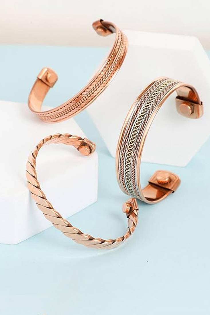 Copper cuff bracelets tibetan style hand forged with solid and high gauge kada set of 3