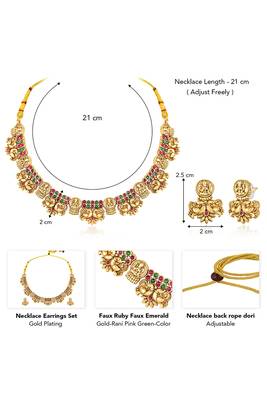 Gold plated faux ruby faux emerald studded goddess laxmi necklace & earrings set 3