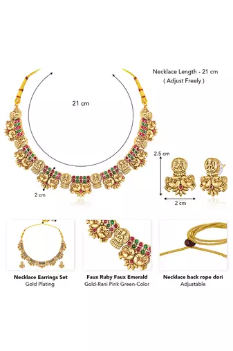 Gold plated faux ruby faux emerald studded goddess laxmi necklace & earrings set