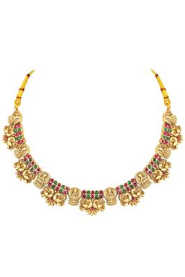 Gold plated faux ruby faux emerald studded goddess laxmi necklace & earrings set 4