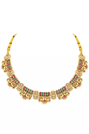 Gold plated faux ruby faux emerald studded goddess laxmi necklace & earrings set