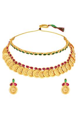Gold plated faux ruby faux emerald studded necklace earrings set jewellery for women 1