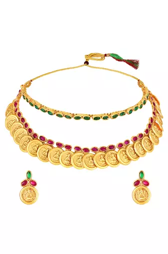 Gold plated faux ruby faux emerald studded necklace earrings set jewellery for women