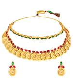 Gold plated faux ruby faux emerald studded necklace earrings set jewellery for women