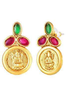 Gold plated faux ruby faux emerald studded necklace earrings set jewellery for women 2