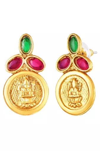 Gold plated faux ruby faux emerald studded necklace earrings set jewellery for women