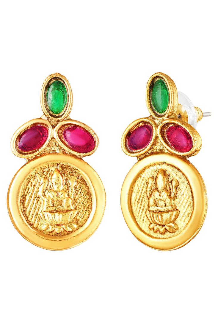 Gold plated faux ruby faux emerald studded necklace earrings set jewellery for women