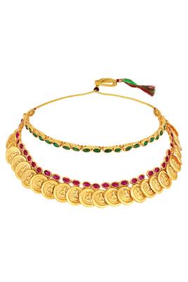 Gold plated faux ruby faux emerald studded necklace earrings set jewellery for women 3