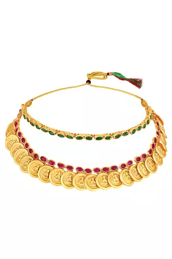 Gold plated faux ruby faux emerald studded necklace earrings set jewellery for women
