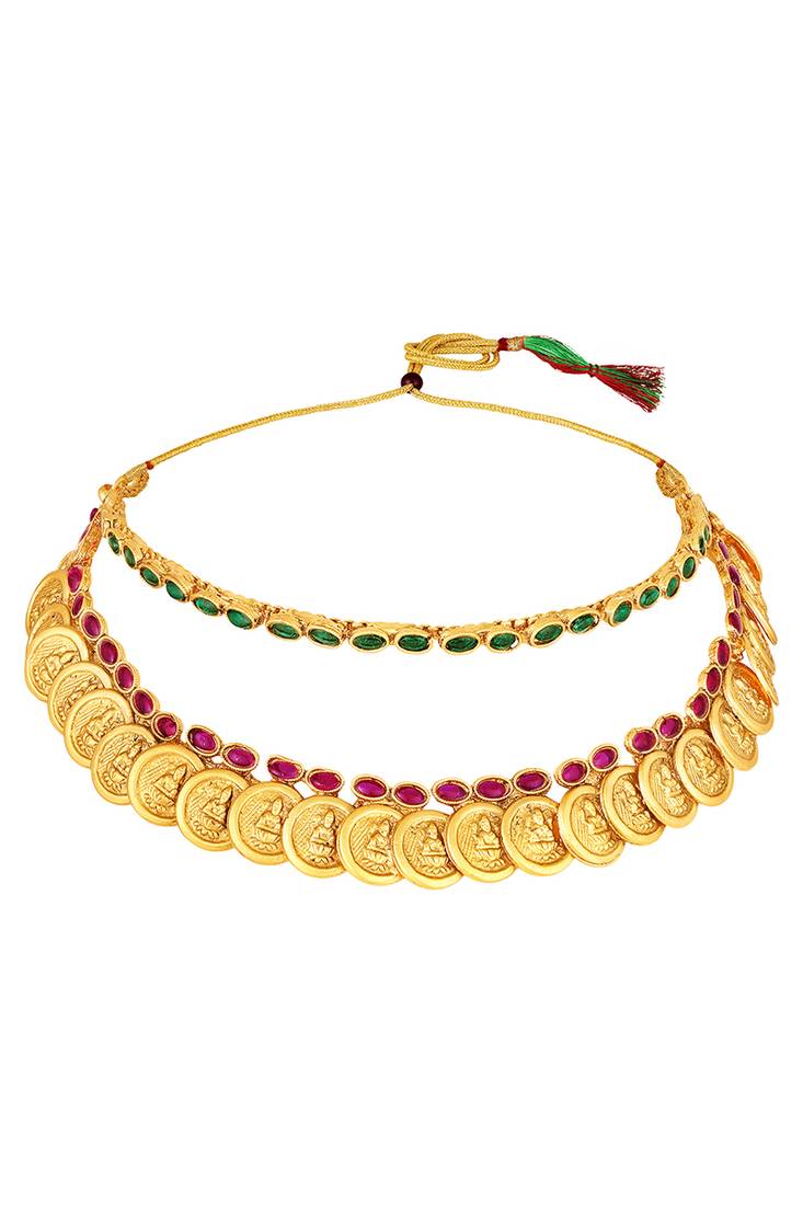 Gold plated faux ruby faux emerald studded necklace earrings set jewellery for women