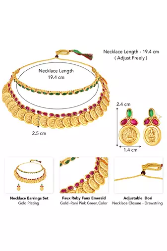Gold plated faux ruby faux emerald studded necklace earrings set jewellery for women