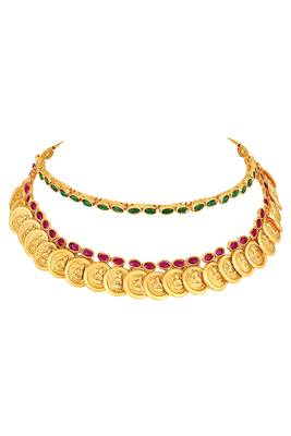 Gold plated faux ruby faux emerald studded necklace earrings set jewellery for women 5