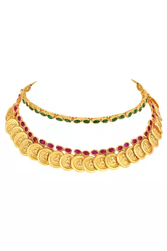 Gold plated faux ruby faux emerald studded necklace earrings set jewellery for women